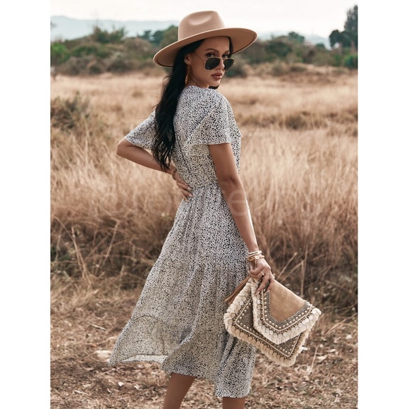 Spotted Print Black and White Midi Dress V-neck Button Front Ruffle Hem - Picture 2 of 10